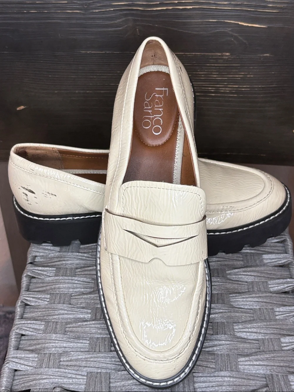 Franco Sarto Cream Patent Leather Lug Sole Penny Loafers